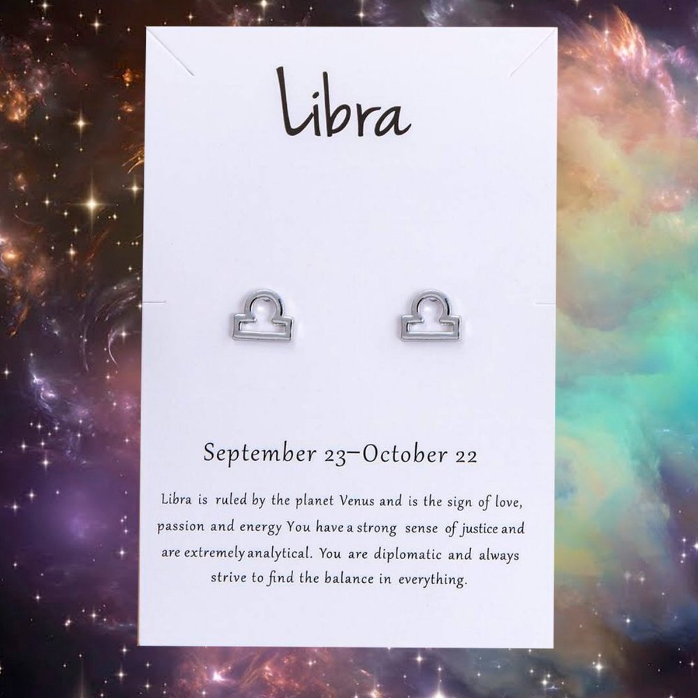 LIBRA  Zodiac Silvertone Stud Earrings on Card NEW! 1120x2